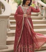 Coffee color sequins embroidered faux georgette gown sharara with dupatta