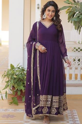 Purple color multi sequins embroidered work georgette gown with dupatta