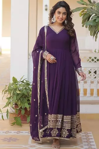 Purple color multi sequins embroidered work georgette gown with dupatta