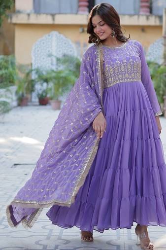 Purple color  sequins  embroidered work georgette gown with dupatta