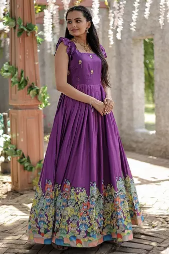 Wine color printed dola silk women's gown