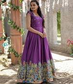 Wine color printed dola silk women's gown