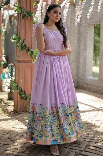 Purple color printed dola silk women's gown