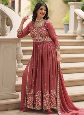Coffee sequins embroidered faux georgette gown sharara with dupatta 2