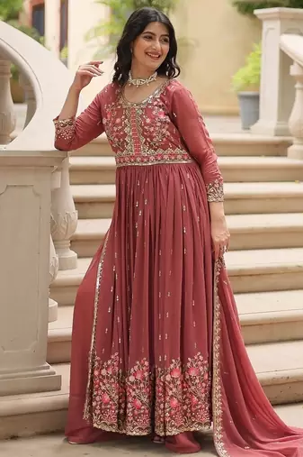 Coffee color sequins embroidered faux georgette gown sharara with dupatta