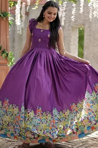 Wine color printed dola silk blend women's gown