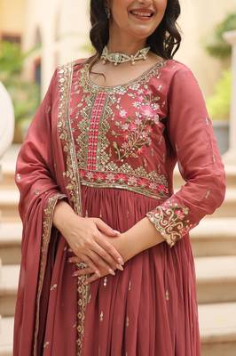 Coffee sequins embroidered faux georgette gown sharara with dupatta 3