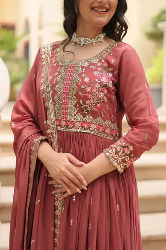 Coffee color sequins embroidered faux georgette gown sharara with dupatta