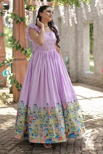 Purple color printed dola silk blend women's gown
