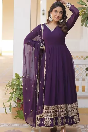 Purple color multi sequins embroidered work georgette gown with dupatta