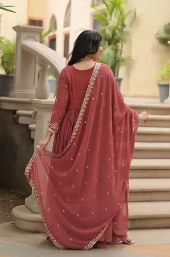 Coffee color sequins embroidered faux georgette gown sharara with dupatta