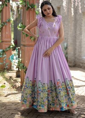 Purple printed dola silk blend women's gown 3