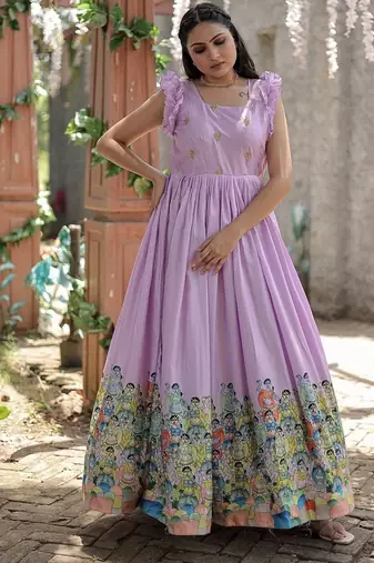 Purple color printed dola silk blend women's gown