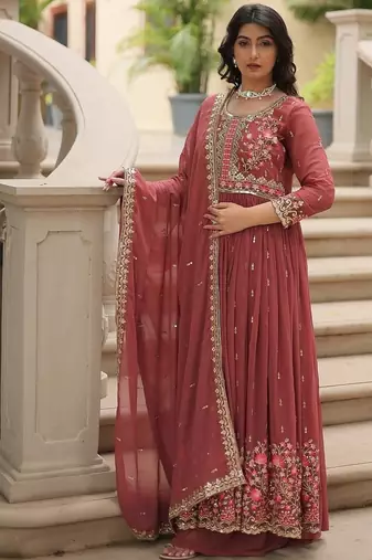 Coffee color sequins embroidered faux georgette gown sharara with dupatta