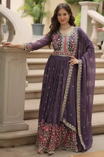 Onion color sequins embroidered faux georgette gown sharara with dupatta