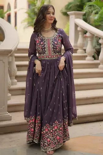 Onion color sequins embroidered faux georgette gown sharara with dupatta