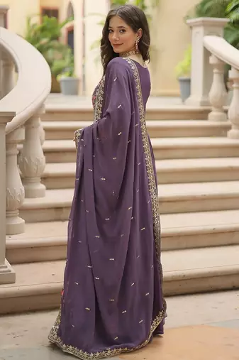 Onion color sequins embroidered faux georgette gown sharara with dupatta