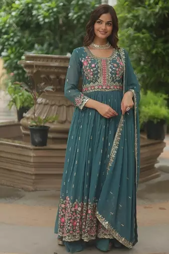 Rama color sequins embroidered faux georgette gown sharara with dupatta