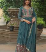 Rama color sequins embroidered faux georgette gown sharara with dupatta