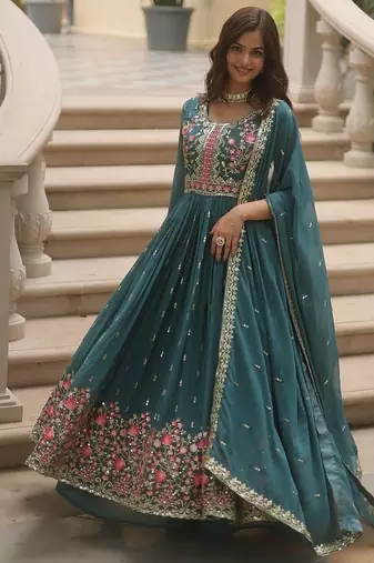 Rama color sequins embroidered faux georgette gown sharara with dupatta