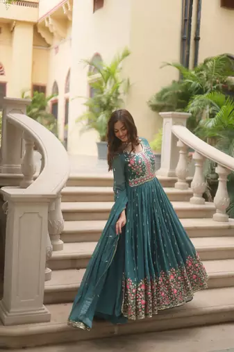 Rama color sequins embroidered faux georgette gown sharara with dupatta