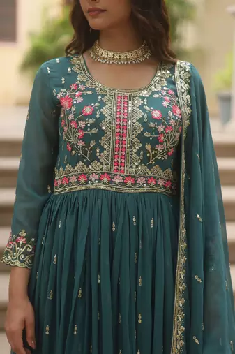 Rama color sequins embroidered faux georgette gown sharara with dupatta