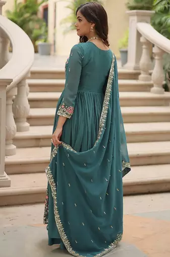 Rama color sequins embroidered faux georgette gown sharara with dupatta
