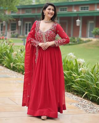 Red multi sequins & zari embroidered work georgette gown with dupatta 1