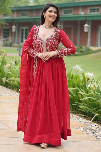 Red color multi sequins & zari embroidered work georgette gown with dupatta