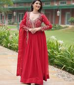Red color multi sequins & zari embroidered work georgette gown with dupatta