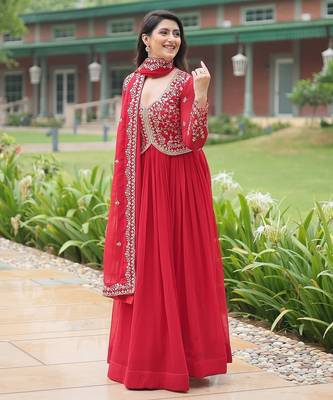 Red multi sequins & zari embroidered work georgette gown with dupatta 3