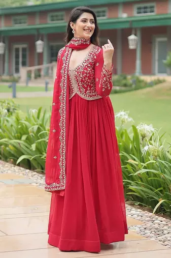 Red color multi sequins & zari embroidered work georgette gown with dupatta