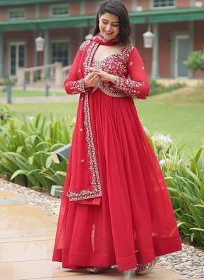 Red multi sequins & zari embroidered work georgette gown with dupatta 4
