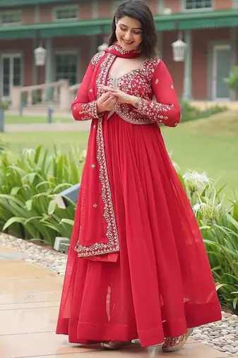 Red color multi sequins & zari embroidered work georgette gown with dupatta