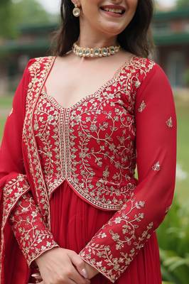 Red multi sequins & zari embroidered work georgette gown with dupatta 5