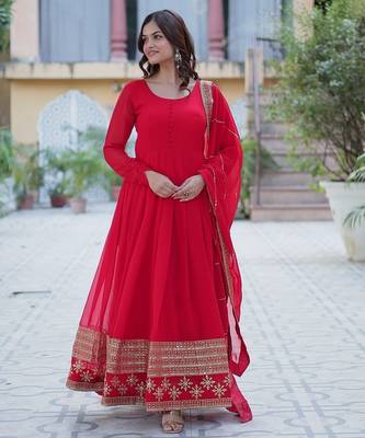 Red multi sequins embroidered work georgette gown with dupatta 1