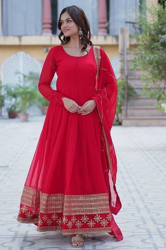 Red color multi sequins  embroidered work georgette gown with dupatta