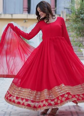 Red multi sequins embroidered work georgette gown with dupatta 2