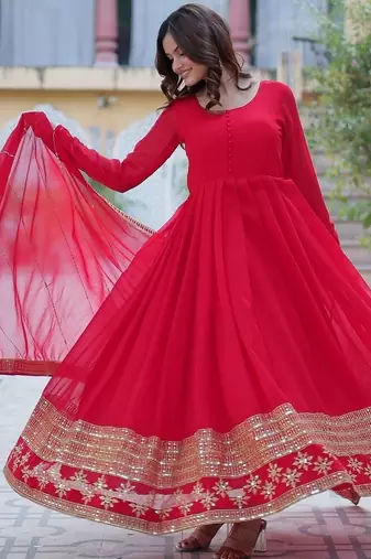Red color multi sequins  embroidered work georgette gown with dupatta