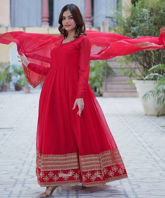 Red multi sequins embroidered work georgette gown with dupatta 3