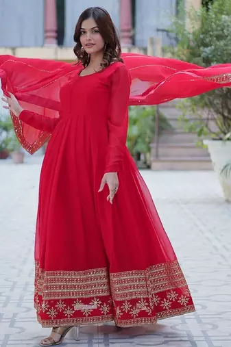Red color multi sequins  embroidered work georgette gown with dupatta