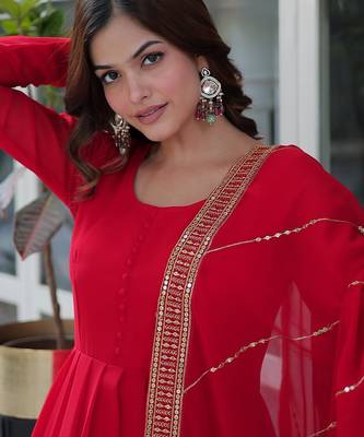 Red multi sequins embroidered work georgette gown with dupatta 4