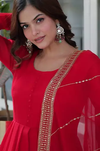 Red color multi sequins  embroidered work georgette gown with dupatta