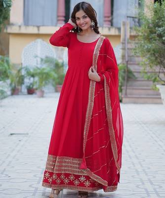 Red multi sequins embroidered work georgette gown with dupatta 5