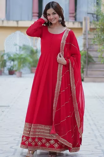Red color multi sequins  embroidered work georgette gown with dupatta