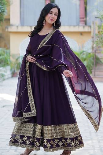 Wine color multi sequins  embroidered work georgette gown with dupatta