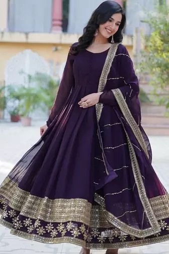 Wine color multi sequins  embroidered work georgette gown with dupatta