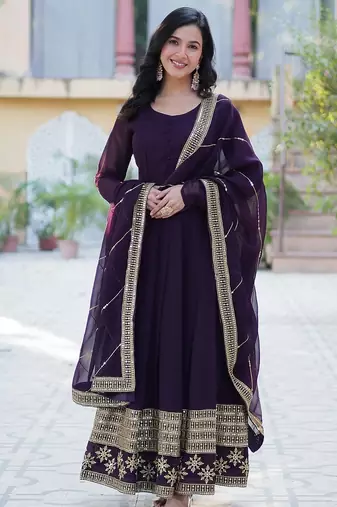 Wine color multi sequins  embroidered work georgette gown with dupatta