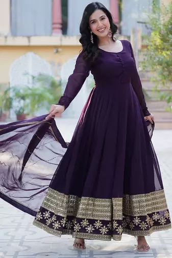 Wine color multi sequins  embroidered work georgette gown with dupatta
