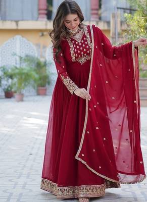 Maroon sequins embroidered work georgette gown with dupatta 1